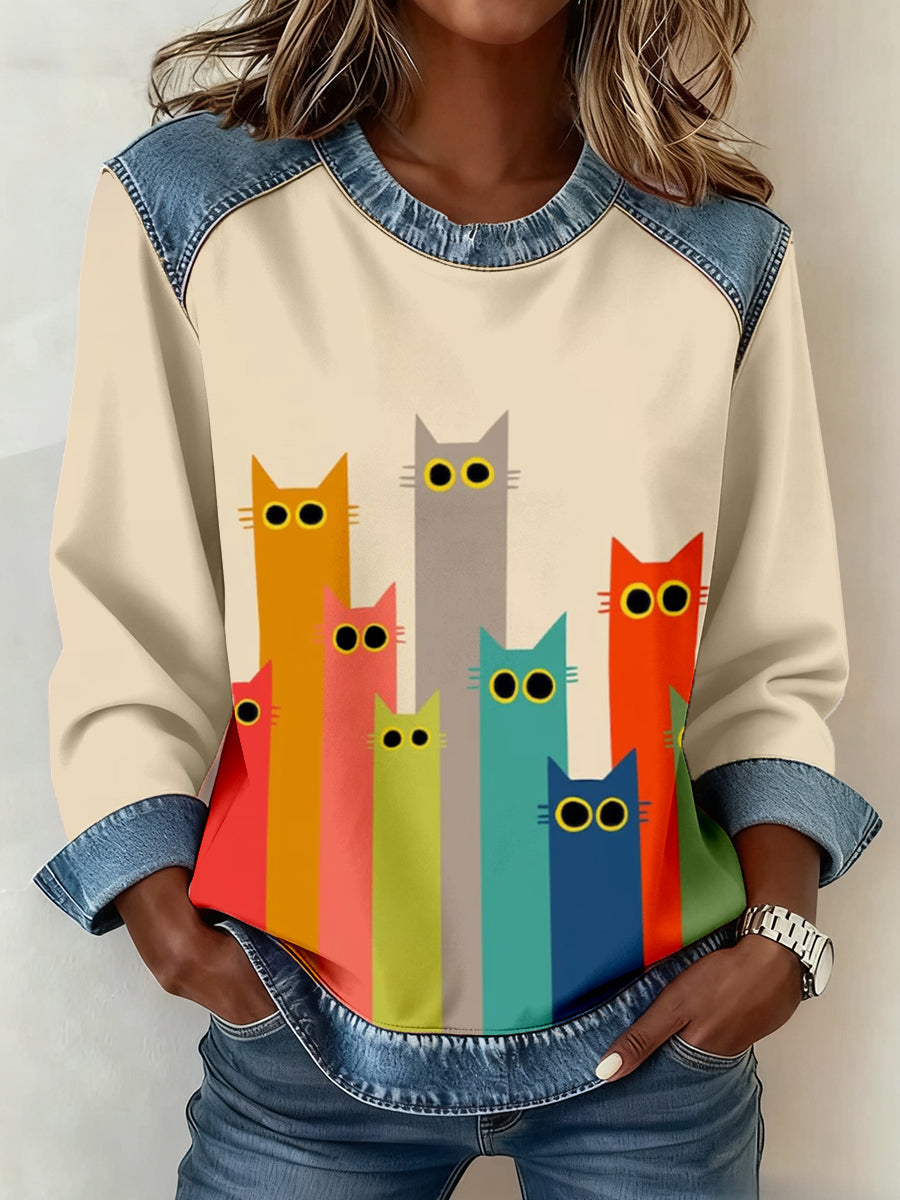 Women’s Cute Cat Print Denim Patchwork Sweatshirt As picture / S