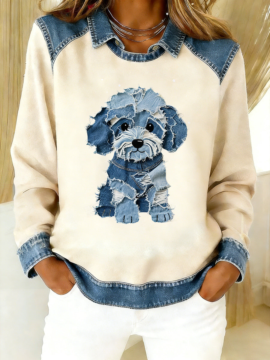 Women’s Vintage Denim Patchwork Top With Animal Art Print Casual And Comfortable A / S