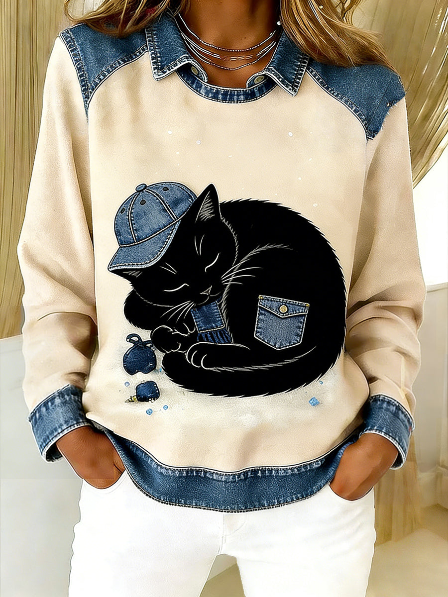 Women’s Vintage Denim Patchwork Top With Animal Art Print Casual And Comfortable A / S