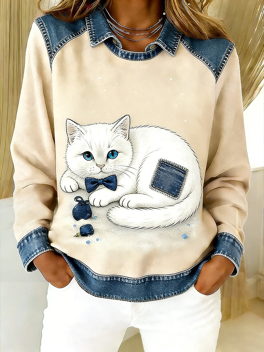 Women’s Vintage Denim Patchwork Top With Animal Art Print Casual And Comfortable A / S