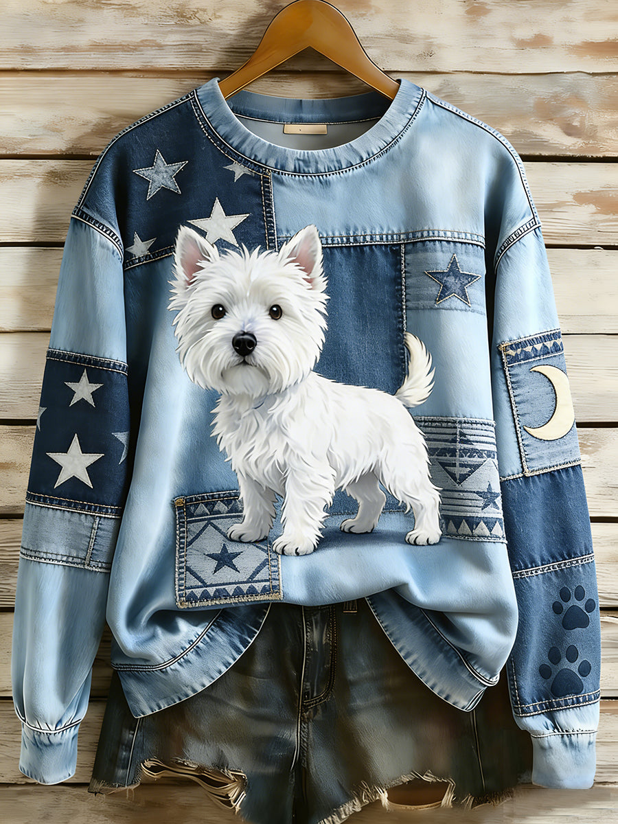 Women’s Retro Denim Patchwork Animal Art Print Casual Comfort Long-Sleeve Sweatshirt A / S