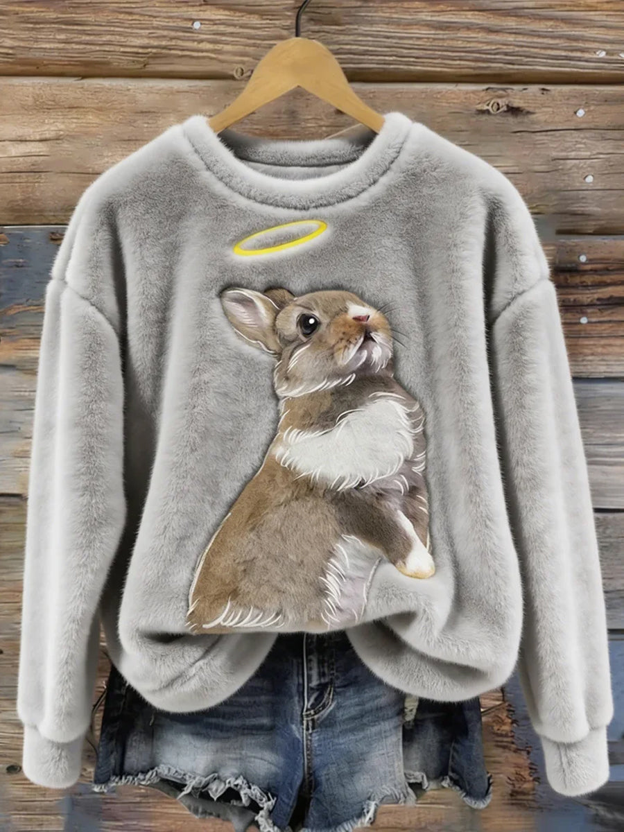 Women’s Cute Bunny Art Round Neck Cozy Flannel Sweatshirt Gray / S