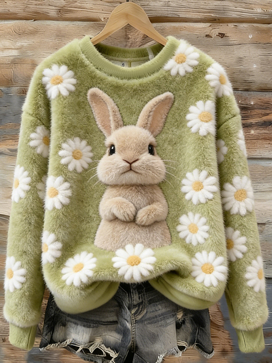 Women’s Cute Bunny Art Round Neck Cozy Flannel Sweatshirt As picture / S