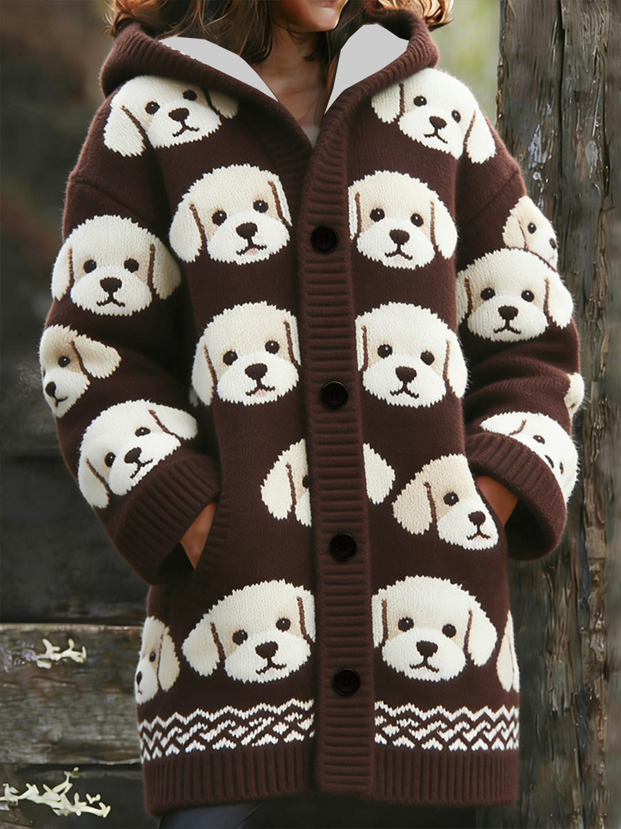 Women’s Cute Dog Composite Fleece Long Coat Red-Brown / S