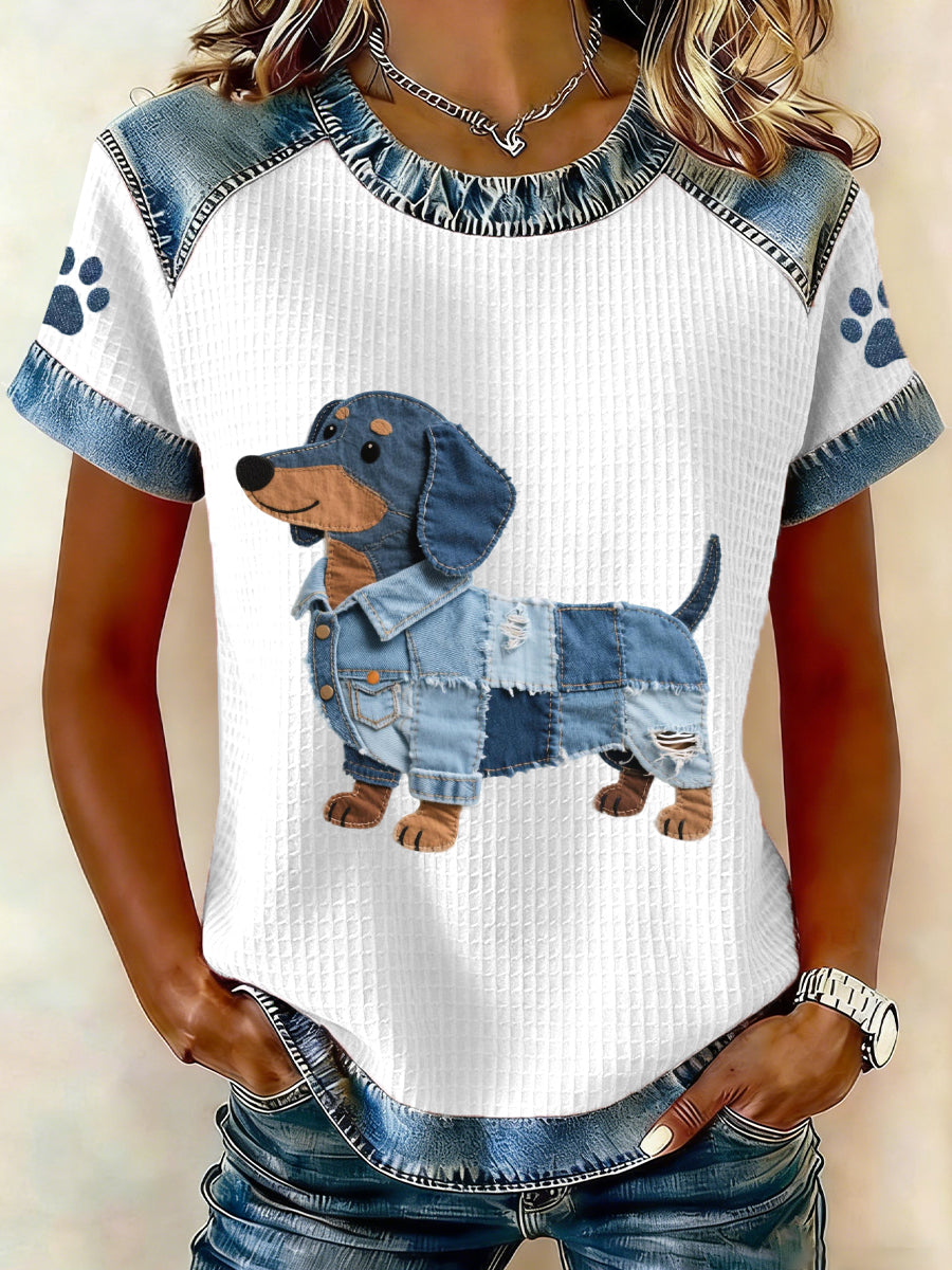 Women’s Lovely Dachshund Pattern Denim Patchwork Top White / S