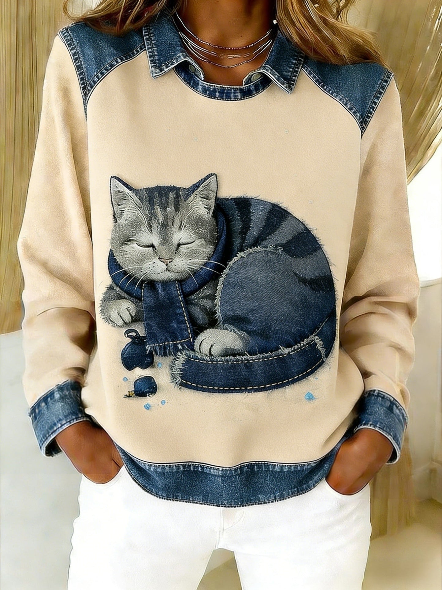 Retro Cute Animal Scarf Cat Denim Patchwork Art Printed Casual Loose Long Sleeve Lapel Sweatshirt Beige / S