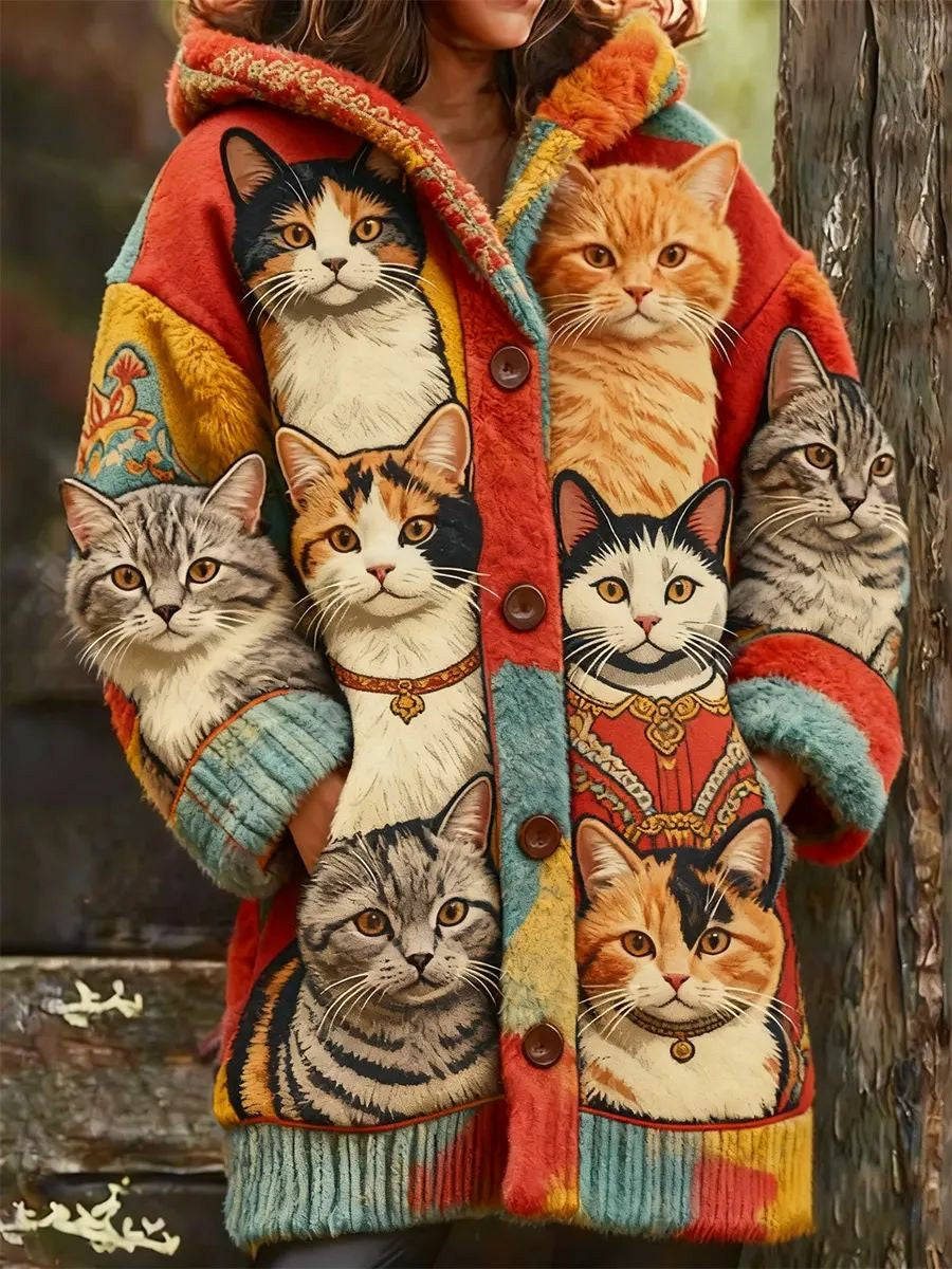 Women’s Animal Cat Print Flannel Warm Jacket As picture / S