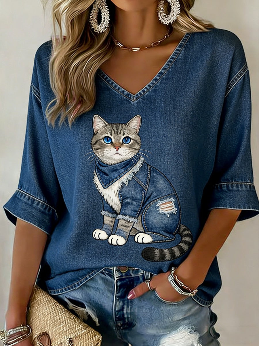 Women’s Retro Cute Cat Denim Patchwork Print Casual Long Sleeve T-Shirt Blue / S