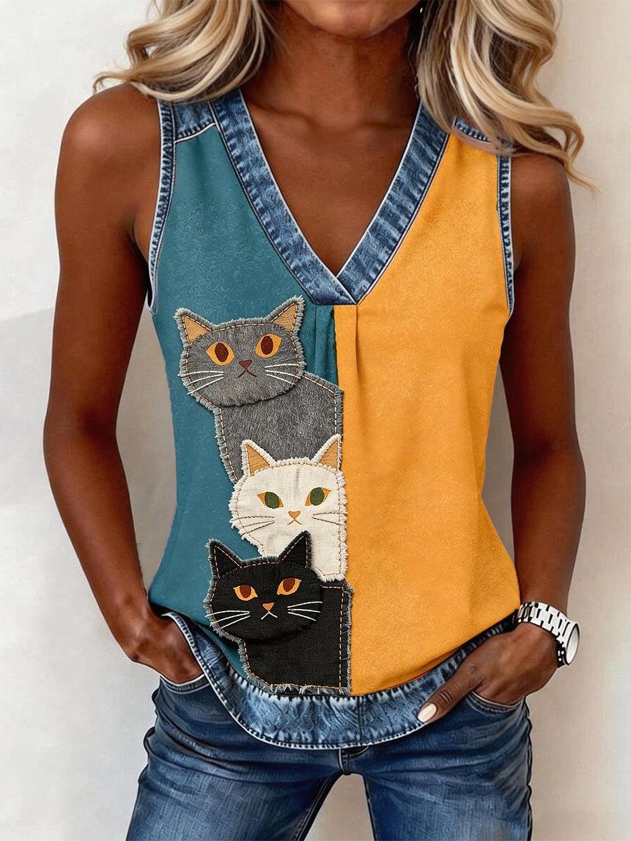 Women's Lovely Cat Pattern Denim Patchwork Top