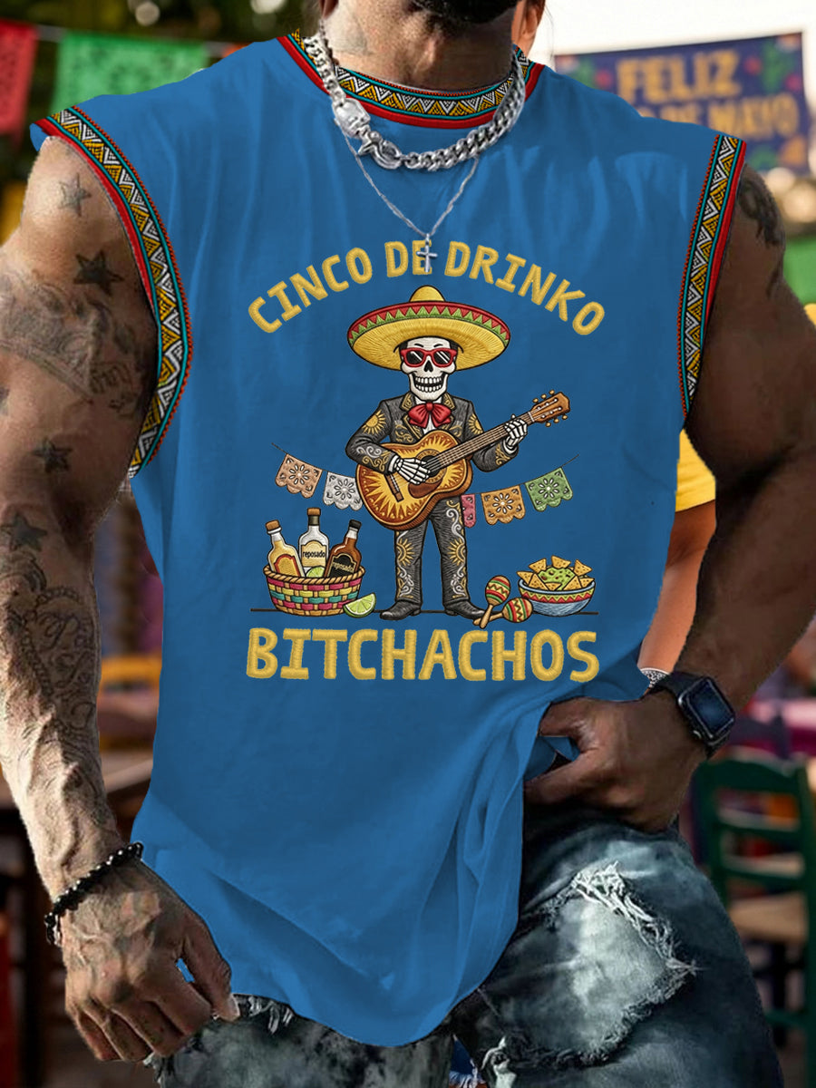 Men's Funny Cinco De Drinko Bitchachos Skeleton Print Casual Tank Top