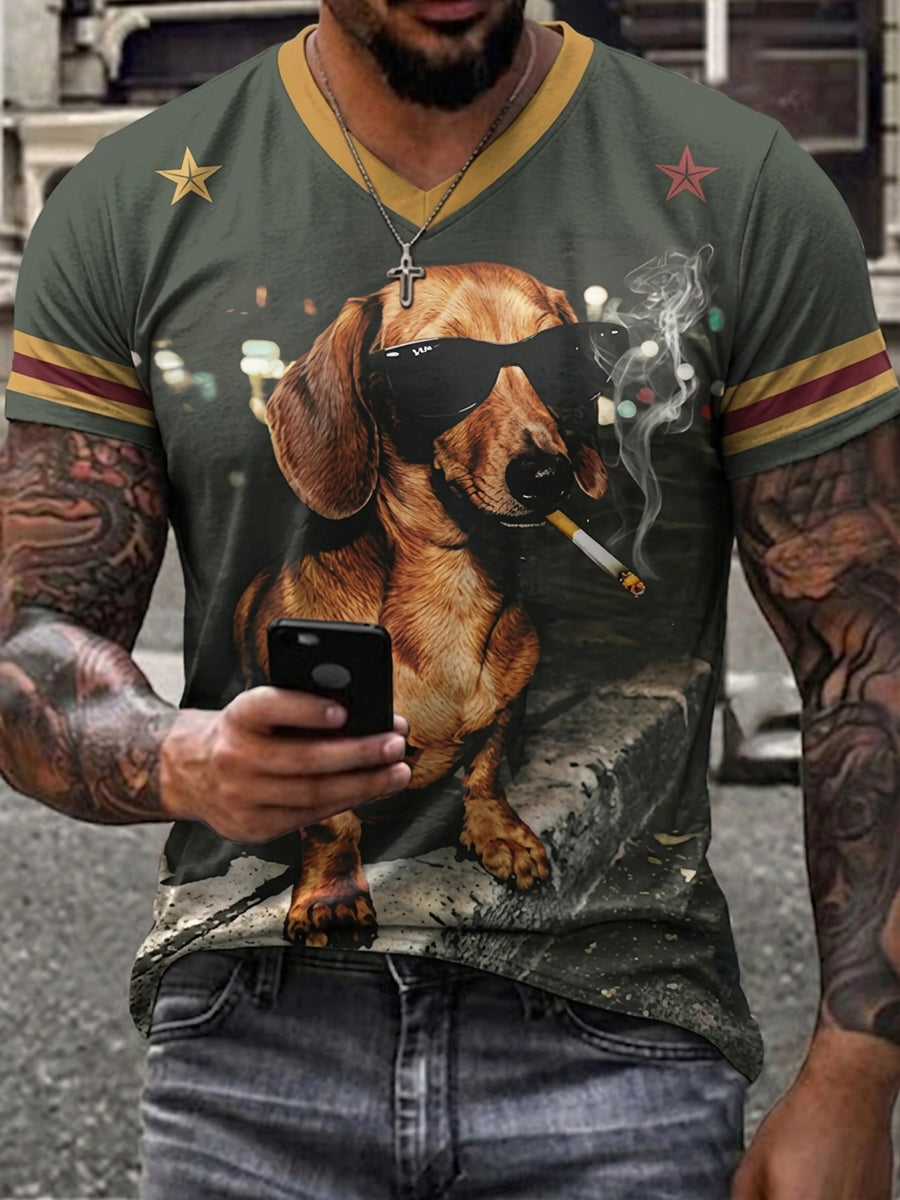 Men's Funny Animal Print V-neck T-shirt