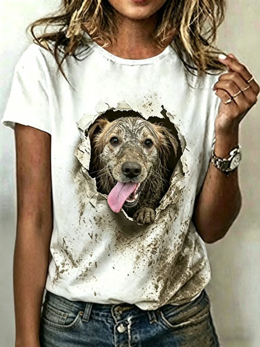 Women's Dog Art Printed short-sleeved T-shirt