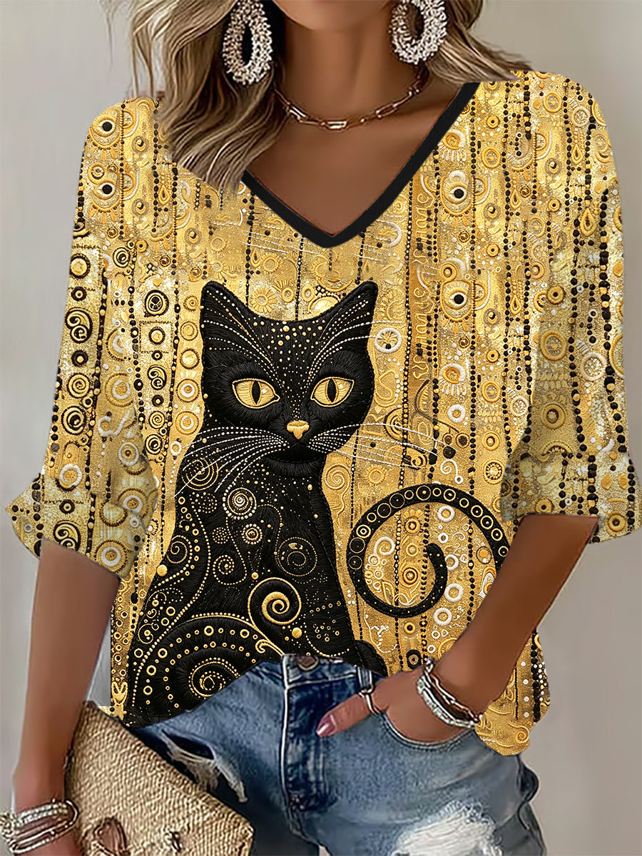 Women's Glitter Black Cat Art Waffle T-shirt