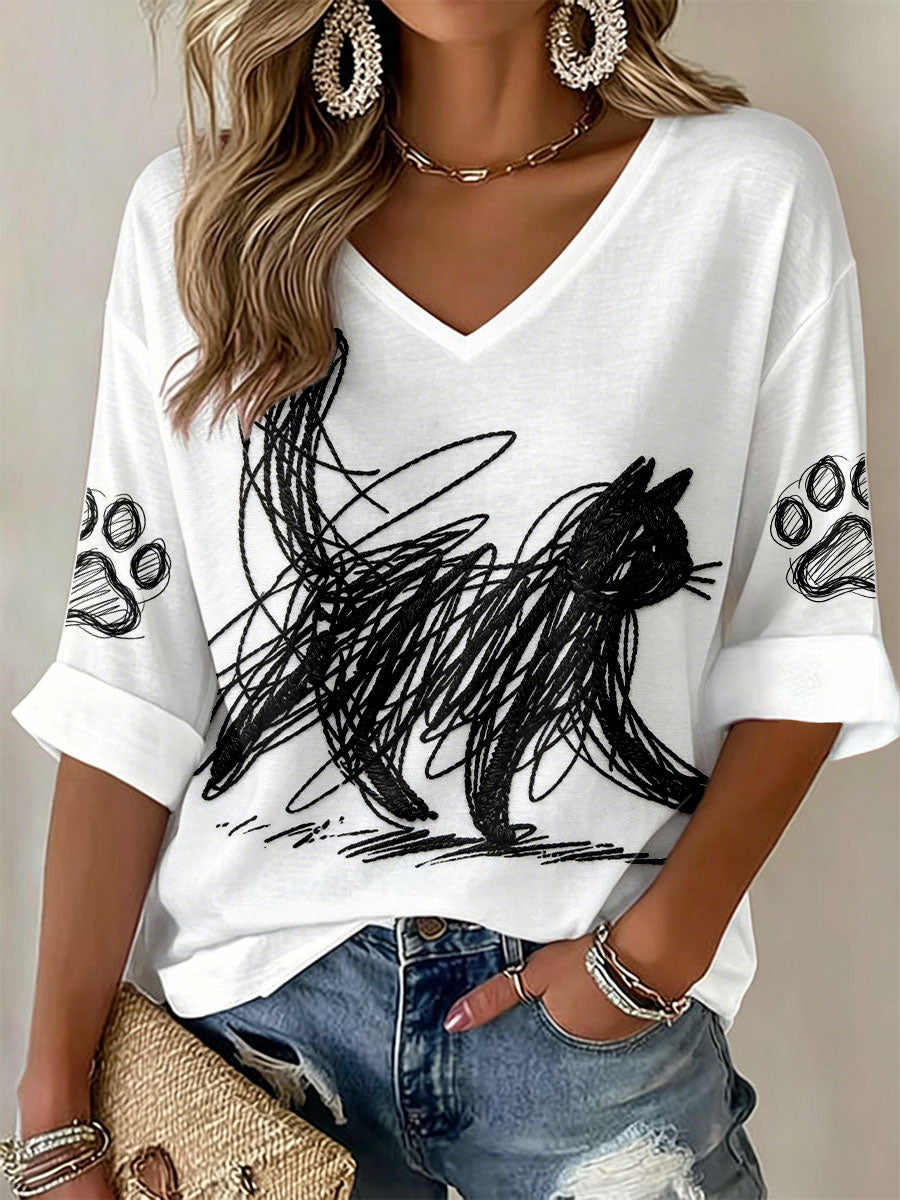 Women's Cat Art Print V-Neck T-Shirts