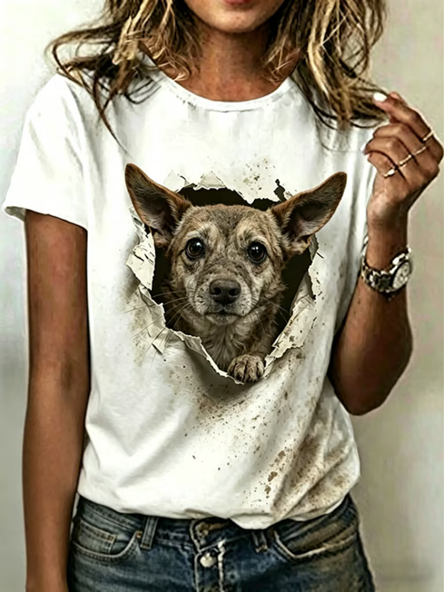 Women's Dog Art Printed short-sleeved T-shirt