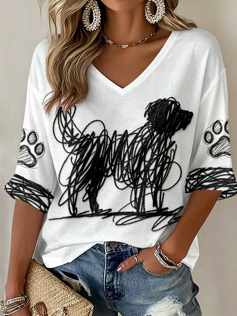 Women's Dog Art Print V-Neck T-Shirts