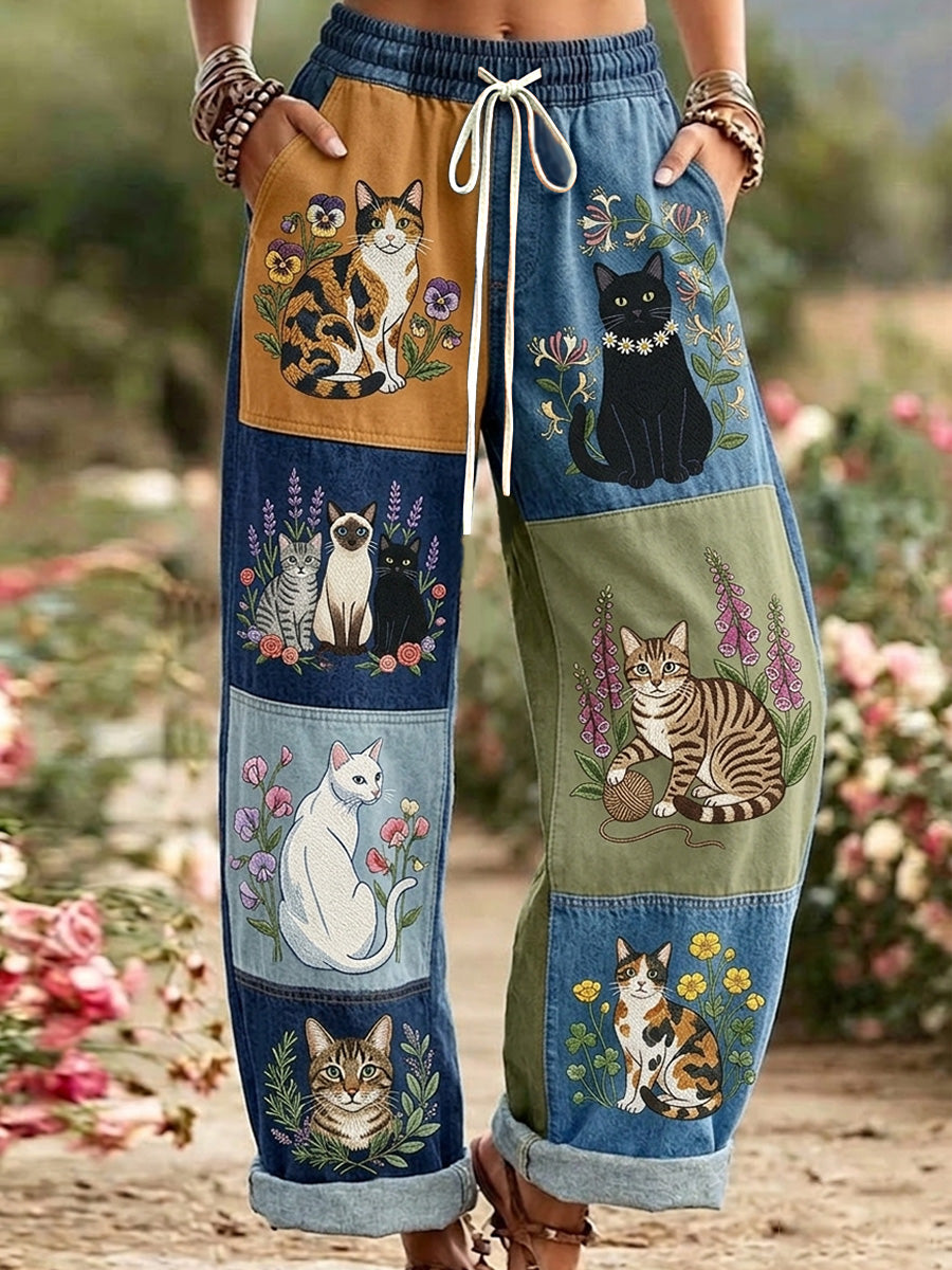 Women's Retro Floral Cat Print Casual Pants