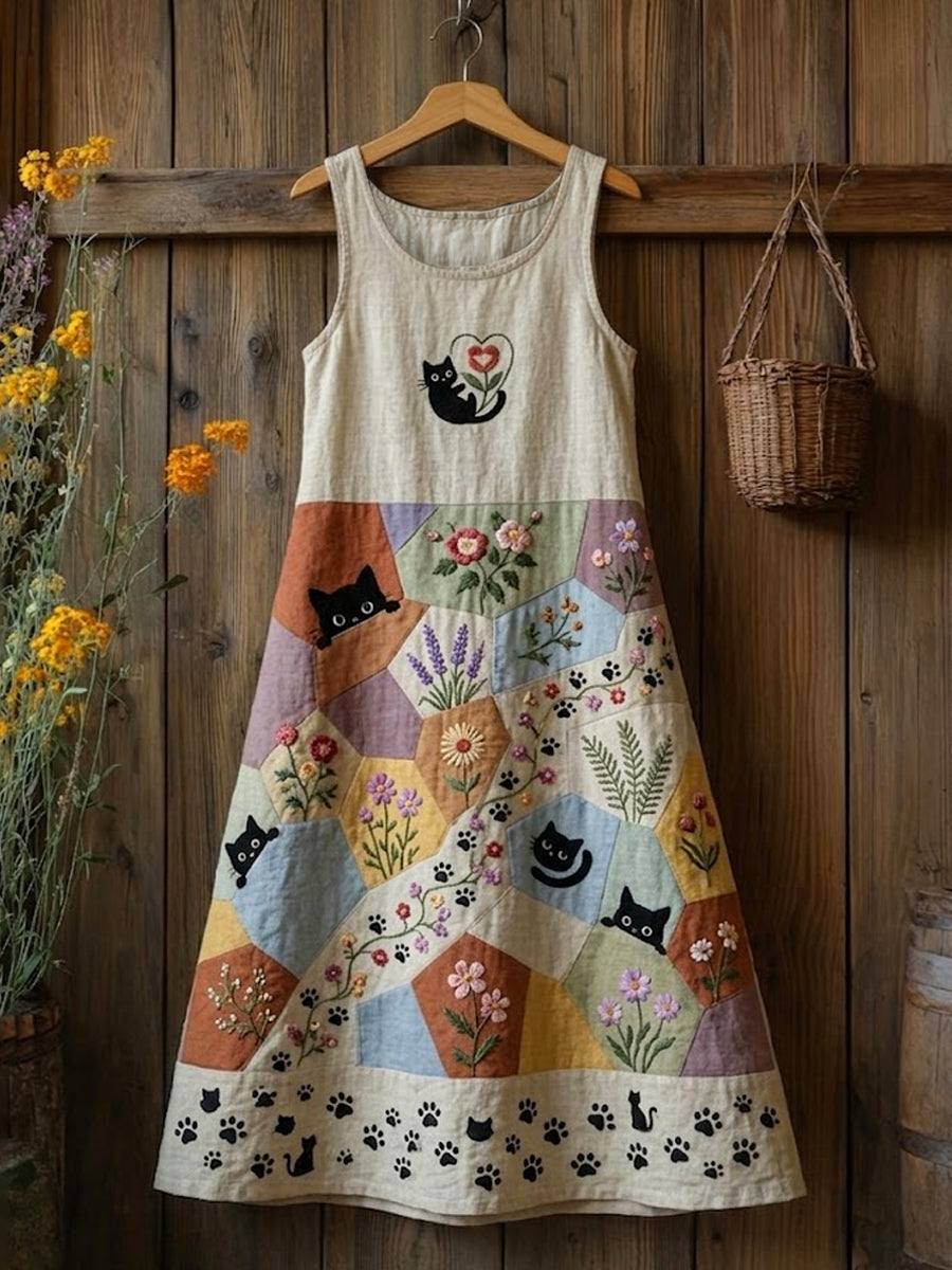 Women's Retro Floral Cats Print Casual Sleeveless Midi Dress