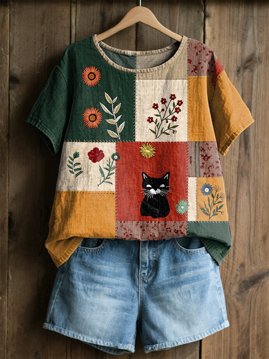 Women's Retro Floral Cats Print Casual Tee