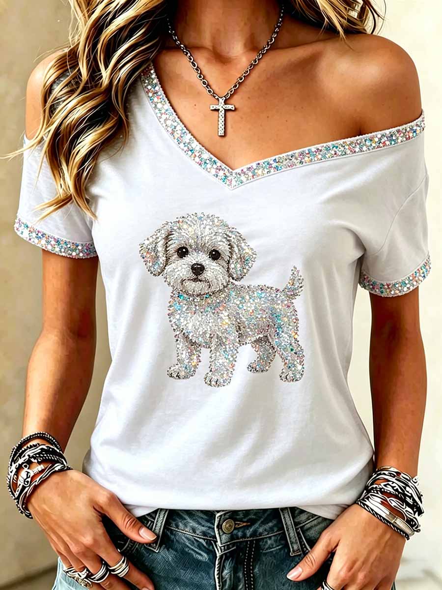 Women's Sequin Animal Print Casual Off-Shoulder Top