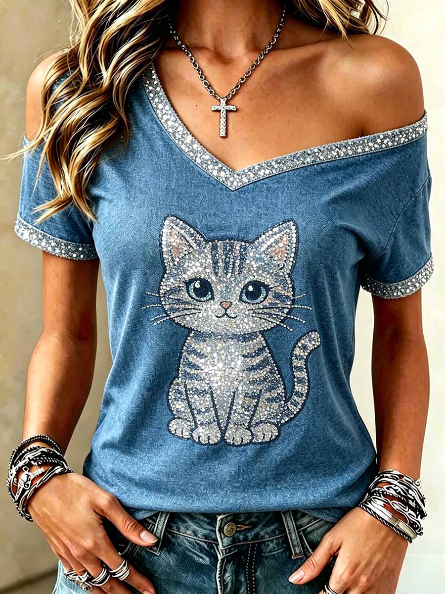 Women's Sequin Animal Print Casual Off-Shoulder Top