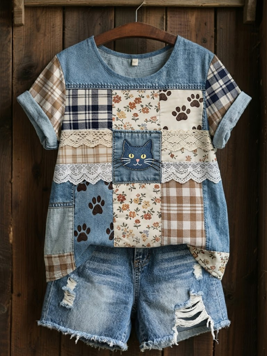 Women's Cat Floral Patchwork Linen Short-sleeved T-shirt