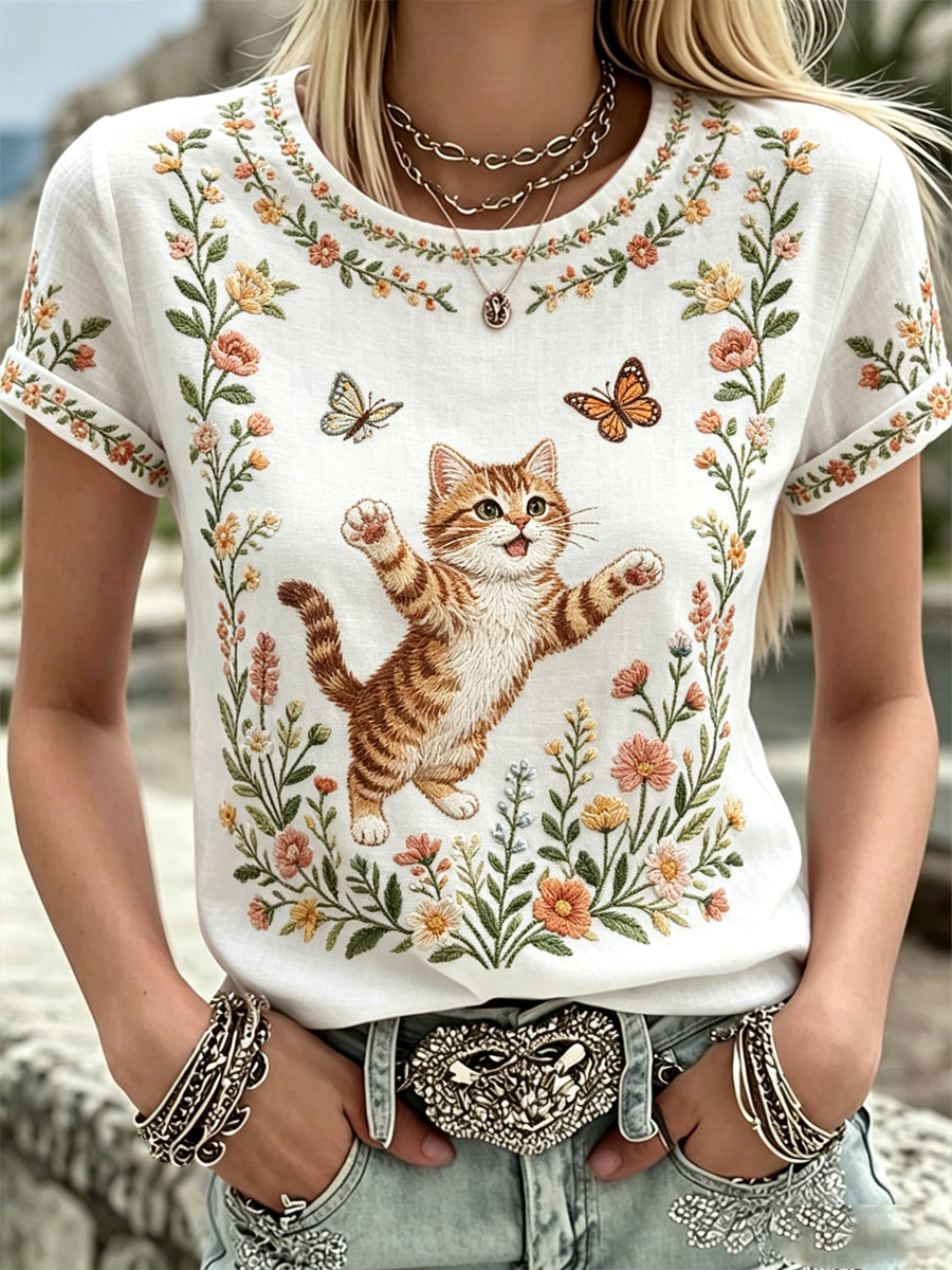 Women's Plants And Flowers Cute Cat Print Casual T-Shirt