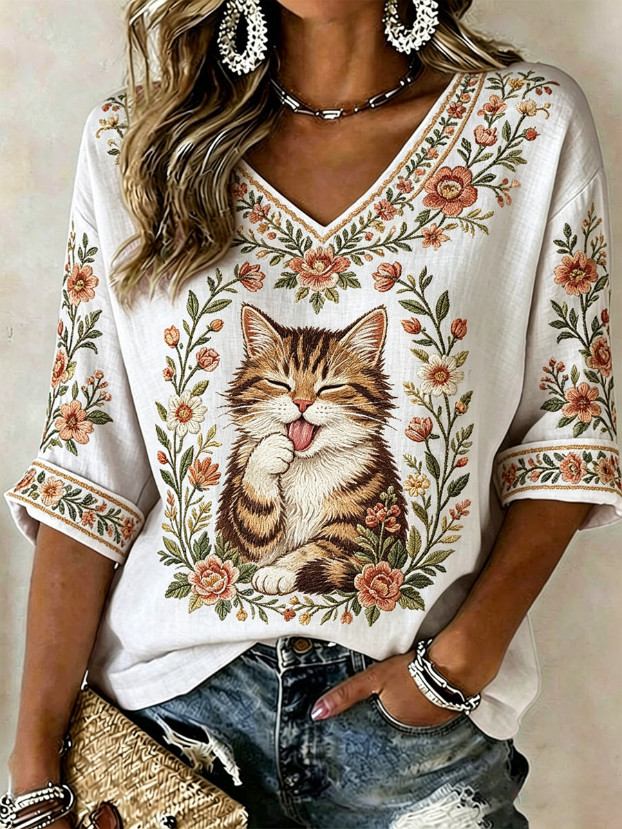 Women's Plants And Flowers Cute Cat Print Casual T-shirt