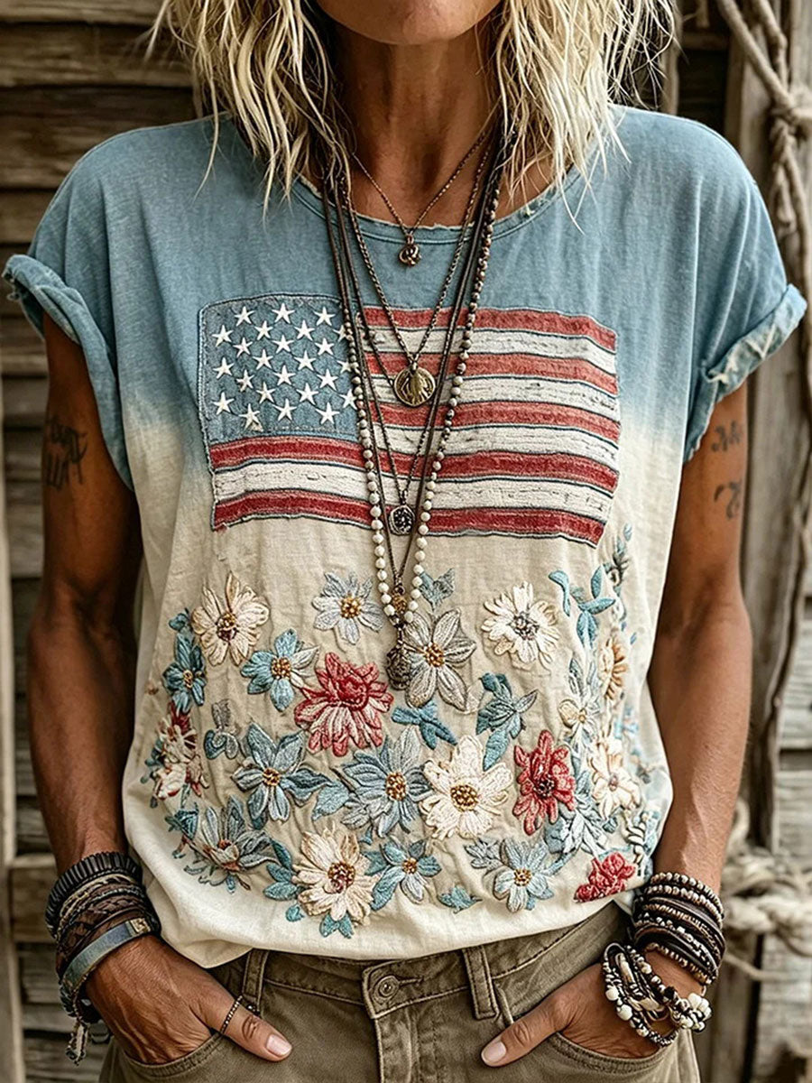 Women's American Flag Floral Casual T-Shirt
