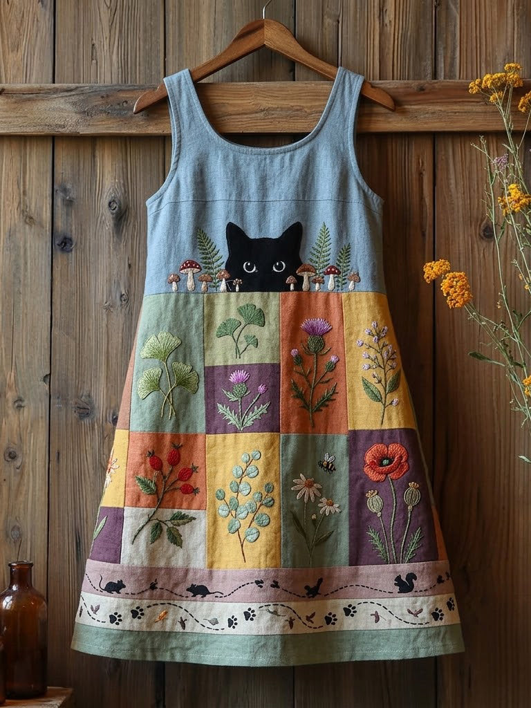 Women's Cat Flower Linen Patchwork Printed Dress
