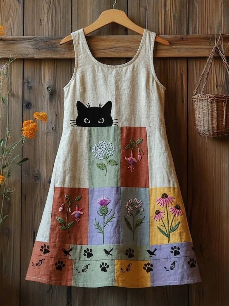 Women's Cat Flower Linen Patchwork Printed Dress