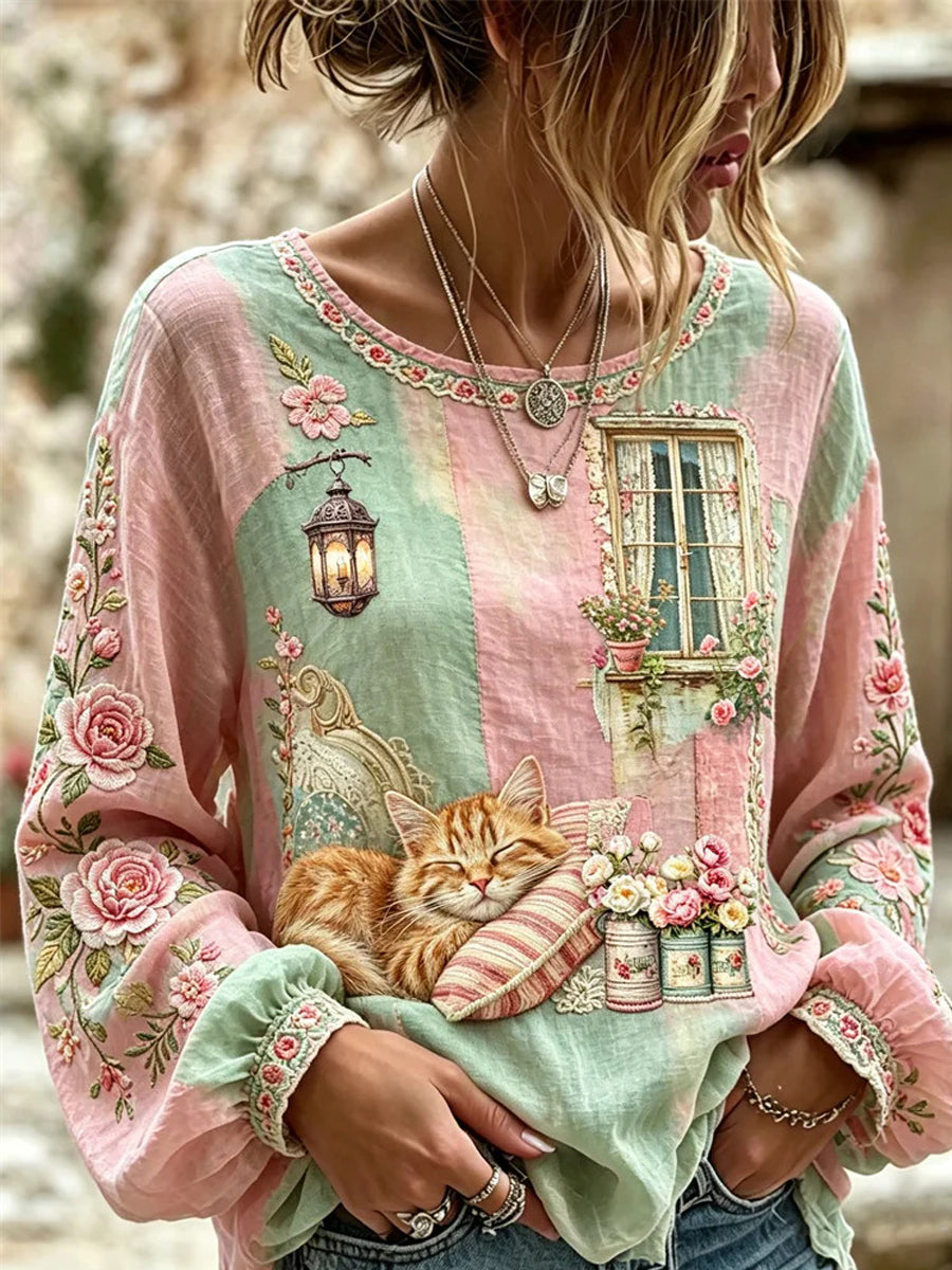 Women's Cat Embroidered Print Shirt