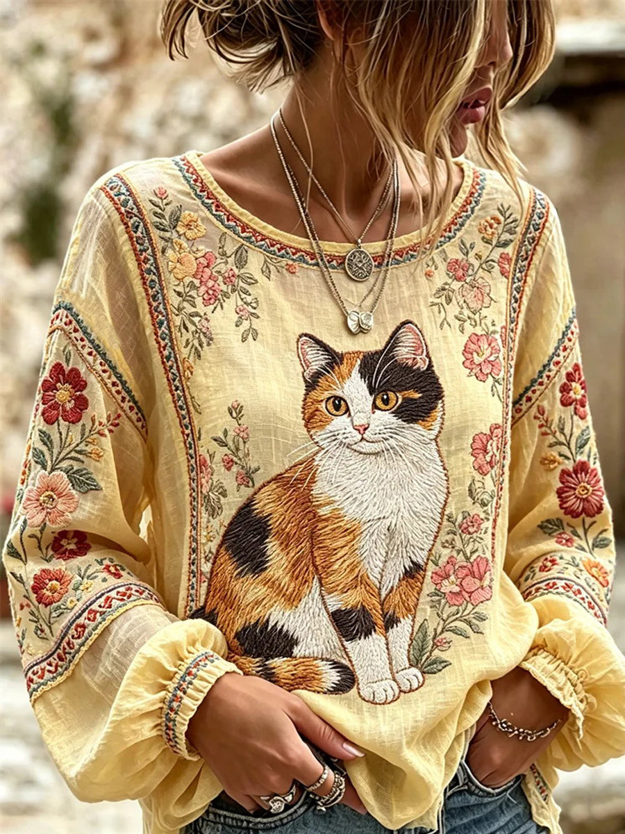 Women's Cat Embroidered Print Shirt