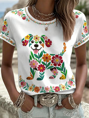 Women's Floral Dog Print Casual Tee