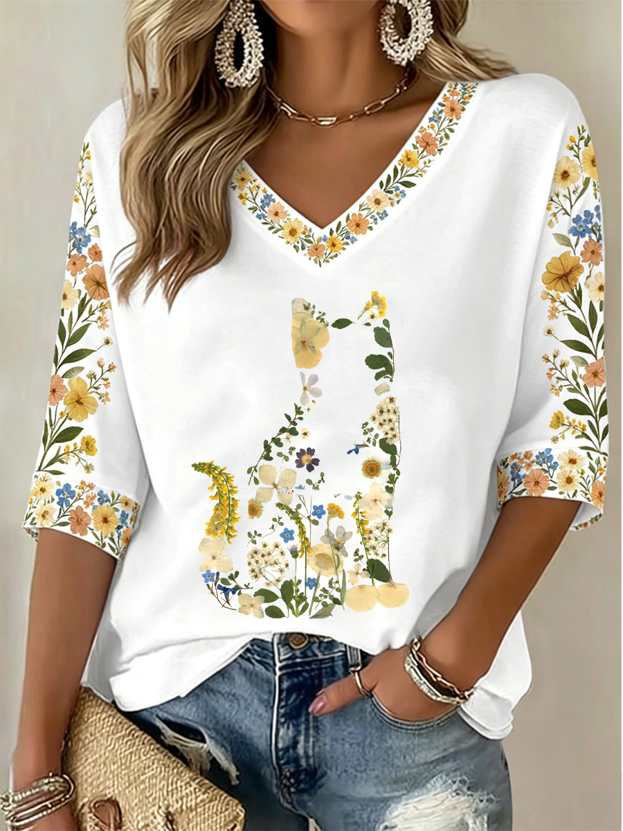 Women's Cat and Floral Print Mid-length Sleeves V-Neck T-Shirt