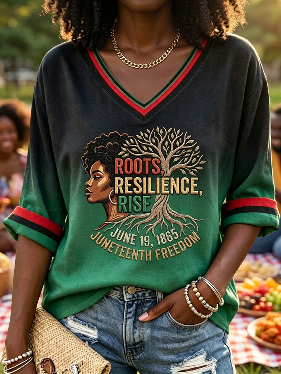 Women's Black Juneteenth Gradient Art Casual V-Neck T-Shirt