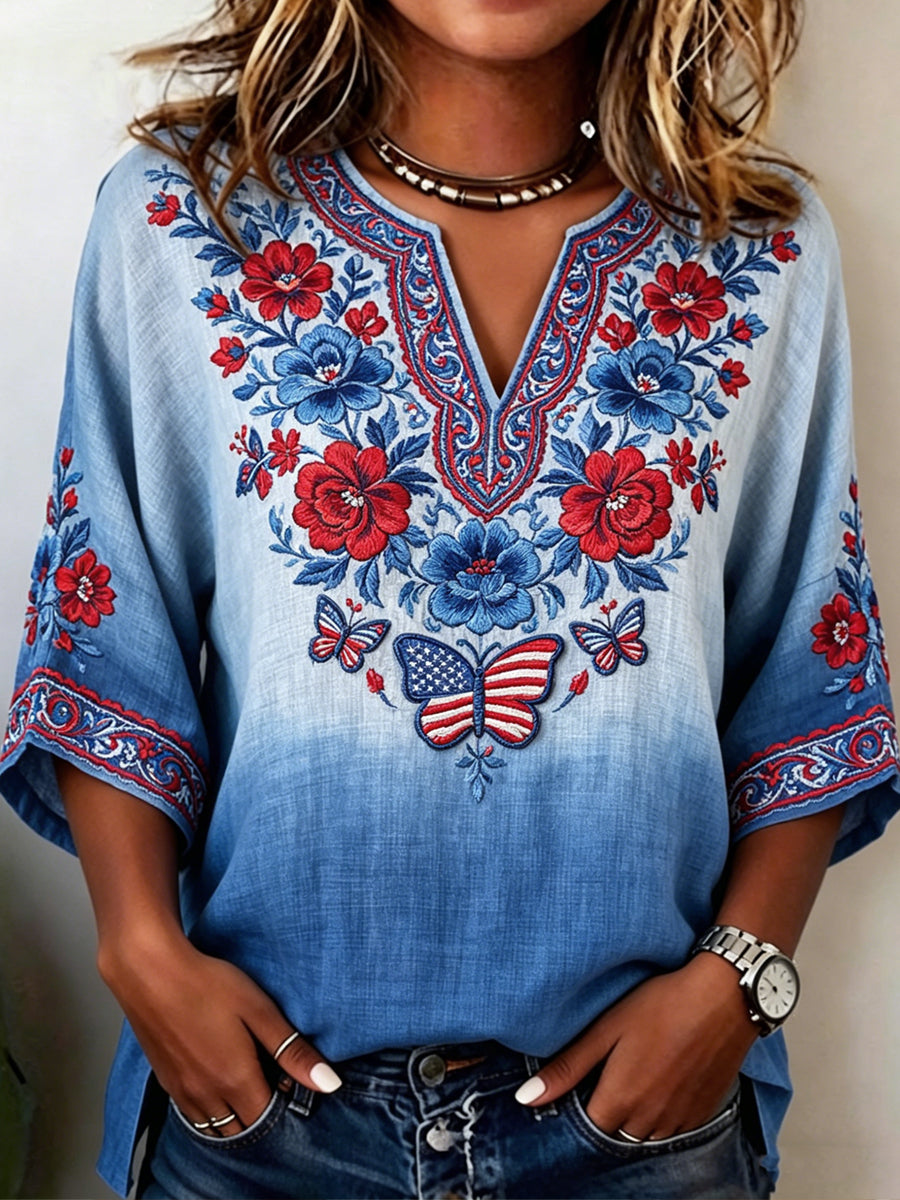 Women's V-neck Mid-Sleeve Independence Day Printed Casual T-shirt