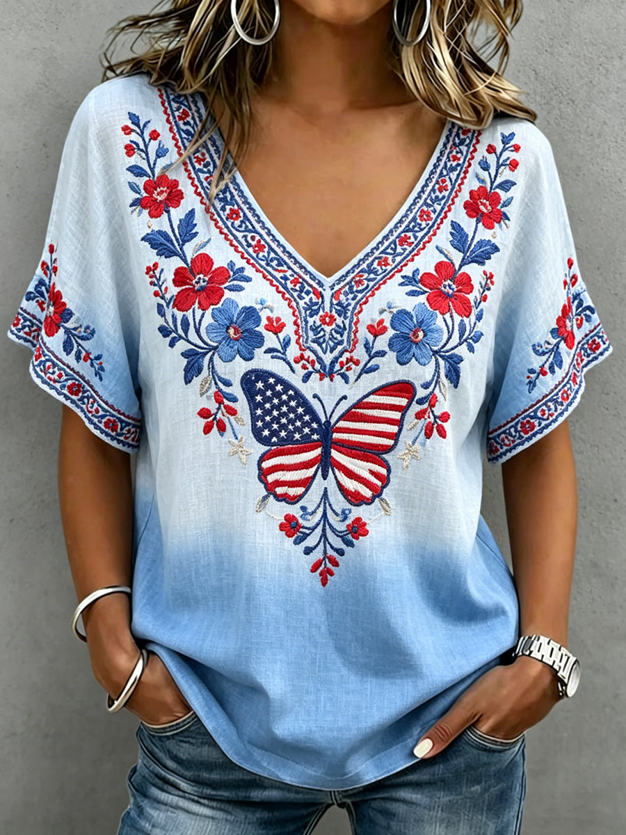 Women's Independence Day Printed V-neck Ruffle Sleeve T-shirt