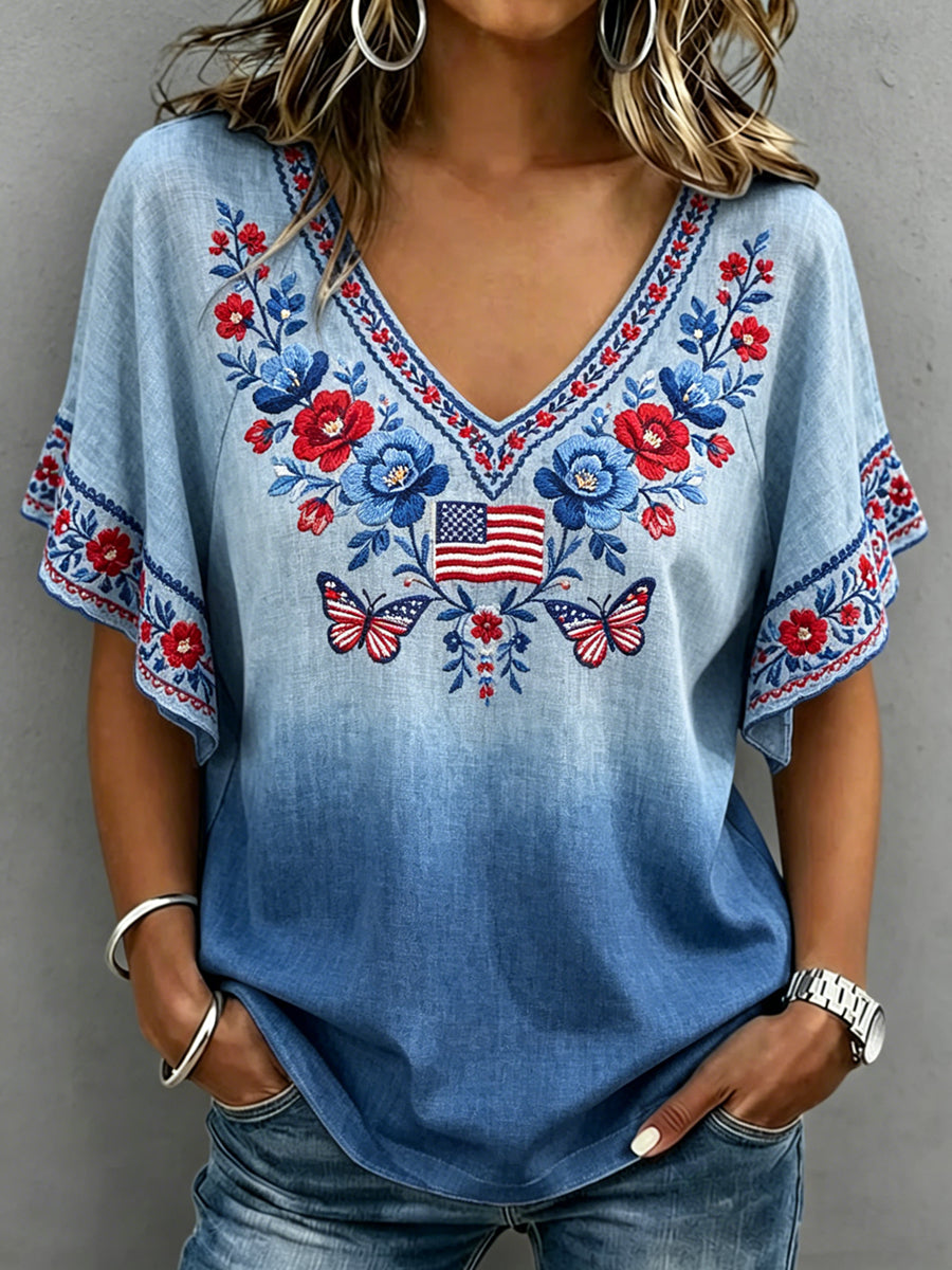 Women's Independence Day Printed V-neck Ruffle Sleeve T-shirt