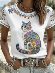 Women's Floral Cats Print Casual Tee