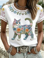 Women's Floral Cats Print Casual Tee