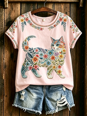 Women's Floral Cats Print Casual Tee