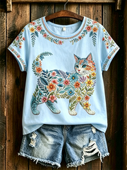 Women's Floral Cats Print Casual Tee