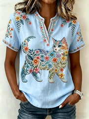 Women's Floral Cats Print Casual V-Neck Top