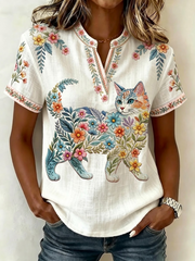 Women's Floral Cats Print Casual V-Neck Top