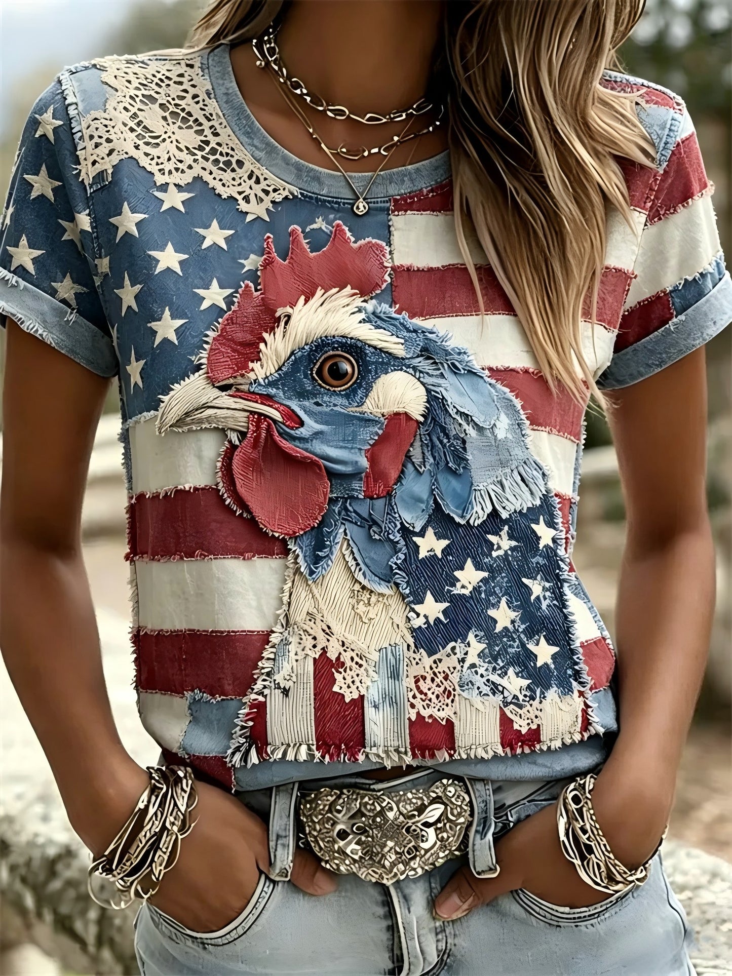 Women's Independence Day Animal Embroidery Print Short-Sleeve T-Shirt