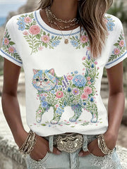 Women's Floral Cat Print Casual Tee
