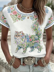 Women's Floral Cat Print Casual Tee