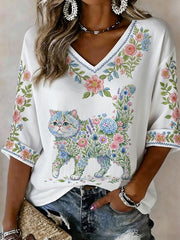 Women's Floral Cat Print Casual Half Sleeve Shirt