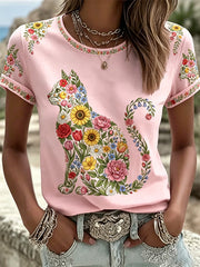 Women's Floral Cats Print Casual Tee